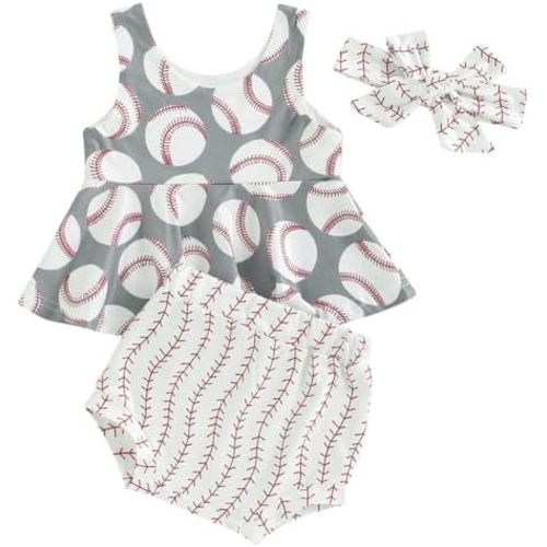Toddler Baby Girls Baseball Outfit Ball Game Print Ruffle Tank Top and Bummie Shorts with Headband 3pcs Set