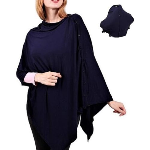 Nursing Cover for Breastfeeding - Infant Car Seat Canopy - Poncho Style with Snap On Buttons - Soft Baby Blanket - Elegant Shawl (Navy Blue)