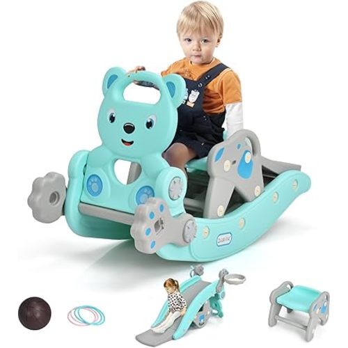 GLACER 5 in 1 Toddler Slide Rocking Toy, Rocking Horse Playset with Slide, Basketball Hoop, Ring Toss Game, Stool & Inflatable Basketball, Convertible Climber Playground for Indoors Outdoors (Green)
