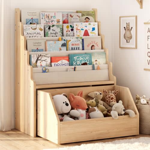 EXPERLAM Kids Bookshelf, Wavy Sides, Front-Facing Rack, Rolling Toy Chest | FSC-certified solid pine frame with a kid-height design for choosing books and storing toys in bedrooms and playrooms