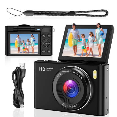 4K 64MP Shoot Digital Camera for Kids, Teens, Beginners, Autofocus Point-and-Shoot Camera with 2.4" 180° Flip Screen, 16X Digital Zoom, Anti-Shake, Usb-c Selfie Vlogging Camera for Travel, Gifts