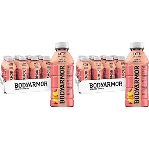 BODYARMOR LYTE, Peach Mango, Electrolyte Drink, 20 Calories, 16 Fl Oz Bottles, Coconut Water Sports Drink, Natural Flavor & B Vitamins, (Pack of 24)