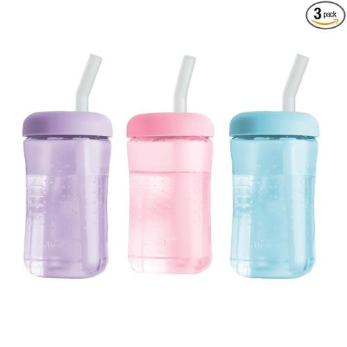 The First Years Squeeze & Sip Toddler Straw Cups - Squeezable Transition Sippy Cup with Silicone Straw - Toddler Feeding Supplies - Pink/Purple/Blue - 7 Oz - 3 Count - Ages 6 Months and Up