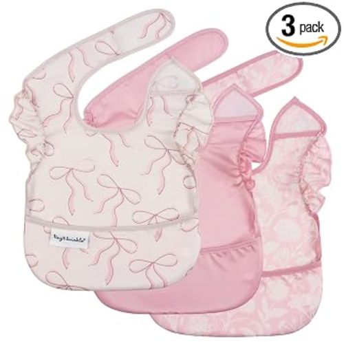 Tiny Twinkle Mess-Proof Baby Bibs for Eating | Waterproof, Wipeable Toddler Bibs with Catch-All Pocket | Feeding Bibs for Girls & Boys(3 Pack,Toile,Bows)