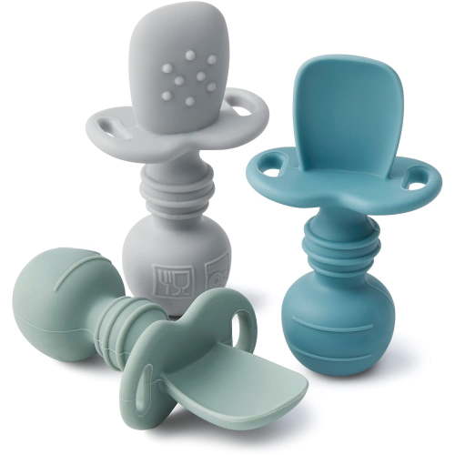 Silicone Baby Spoons Self Feeding 6+ Months - Infant Toddler Utensils - First Stage Baby Led Weaning Feeding Supplies - Set of 3 Pack