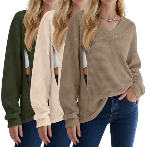 3 Pack Women's Oversized Nursing Tops Waffle Knit V Neck Breastfeeding Long Sleeve Shirts Hidden Zipper Sweatshirt