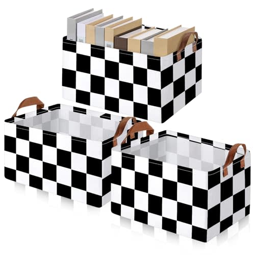 Boao 3 Pcs Checkered Basket Checkered Storage Bin with Handles Gingham Storage Bin Square Tote Laundry Basket Canvas Foldable Box for Home Office Bedroom Bathroom Clothes Cars(Black)
