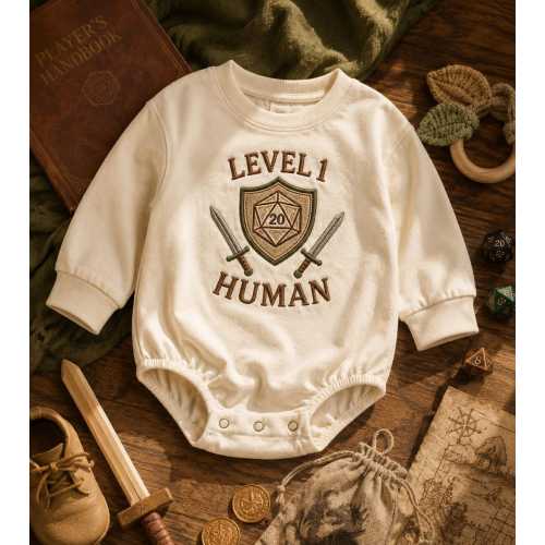 Level 1 Human Embroidered Baby Romper, RPG Baby Outfit, D20 Dice Baby Bodysuit, Fantasy Gamer Baby Gift, Dungeon Baby