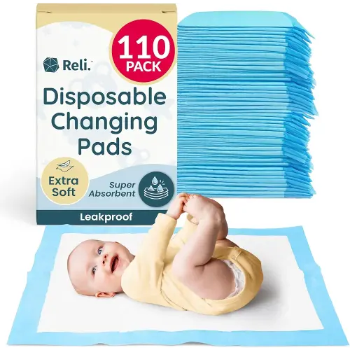 Reli. Disposable Changing Pads for Baby (110 Pack) | Disposable Diaper Changing Pads, 13" x 18" | Super Absorbent, Leak-Proof Liners | Waterproof, Quick Dry Underpads (Blue/White)