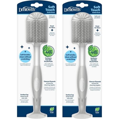 Dr. Brown's Soft Touch No Scratch Baby Bottle Cleaning Brush, Nipple Cleaner & Suction Cup Base for Easy Storage, BPA Free, Gray (Pack of 2)