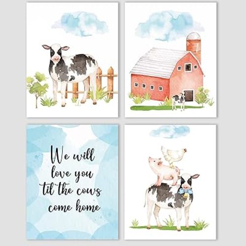 4 Pcs Watercolor Cute Farm Animals Wall Art Prints Nursery Decor Motivational Quotes Posters for Baby Room Playroom Nursery Wall Decor Cow Print Stuff Girls Boys Kids Room Decoration 8x10 in Unframed