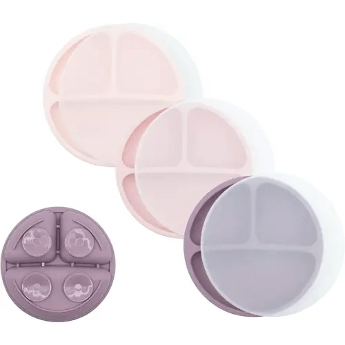WeeSprout Suction Plates with Lids for Babies & Toddlers, 100% Silicone Dinnerware Stays Put, Divided Design for Picky Eaters, Microwave & Dishwasher Friendly, 3 Pack (Matte Pink, Purple, Blush Pink)