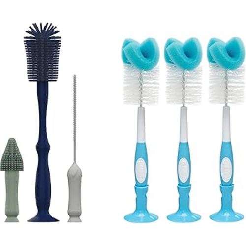 Dr. Brown's Silicone Cleaning Brush Set with Bottle, Spout, and Straw Brush, 3-Pack + Baby Bottle Sponge Brush, Blue, 3-Pack