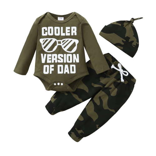 12 Months Baby Boys Clothes 18 Months Boys 3PCS Outfits Set Letter Glasses Print Infant Boys Long Sleeve Top Camo Pants Set with Hat Green