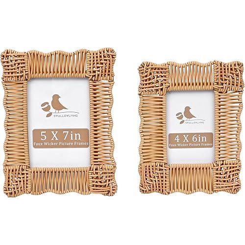 SwallowLiving Rattan Picture Frame 5x7 & 4x6, Boho & Farmhouse Style Rattan Photo Frames Set of 2 - Faux Wicker, Vertical Picture Frames for Desk, Tabletop Display Gift for Mom Grandma Family Friends
