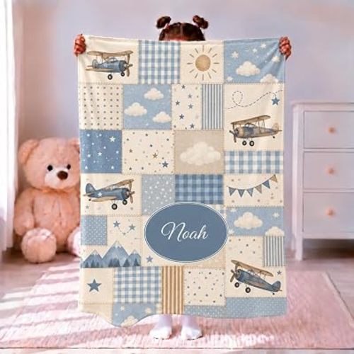 Personalized Baby Blanket with Name, Airplane Patchwork for Boys