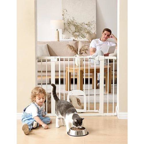 Babelio Baby Gate with Adjustable Cat Door,29-43" Auto Close Durable Pet door for Stairs,Doorways and House,Pressure Mounted,Easy Install,Effortless Walk Thru,White