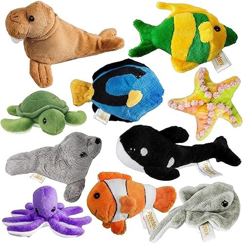 PREXTEX 10 Piece Plush Soft Stuffed Sea Animals - Small Stuffed Animals Bulk - Playset Plush Assortment, Turtle, Stingray, Nemo Fish, Killer Whale and More - Bulk Stuffed Animals