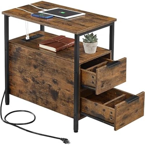 VASAGLE Side End Table with Charging Station, Slim Nightstand with Storage