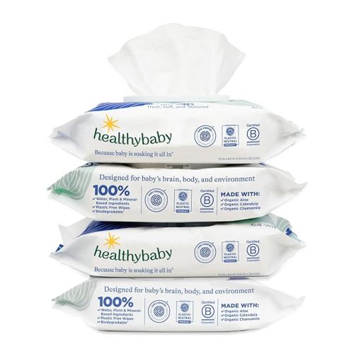 HealthyBaby Our Wet Wipes | EWG Verified Safe | 100% Water & Plant Based | Unscented & Safe for Sensitive Skin | Fragrance Free and Totally Chlorine Free (4 packs, 256 wipes)