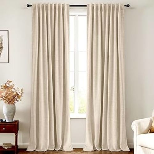 INOVADAY 100% Blackout Curtains 72 Inches Length 2 Panels Set, Back Tab/Rod Pocket Linen Black Out Curtains for Bedroom, Thermal Insulated Window Drapes - Oatmeal, W50 X L72