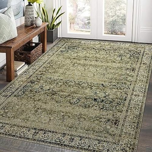 Olive Green Boho Area Rug 5 x7 for Living Room Washable Faux Wool Low Pile Stain Resistant Rubber Backed Cottagecore Neutral Bedroom Nursery Rugs 5x7