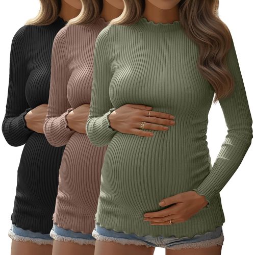 Huukeay 3 Pack Women Ribbed Long Sleeve Crew Neck Maternity Tops