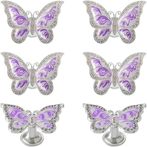 Butterfly Cabinet Knobs,6 Pieces Butterfly Knobs Single Hole Pulls Handles Decorative Door Cabinet Drawer Cupboard Furniture Door Wardrobe (Purple)