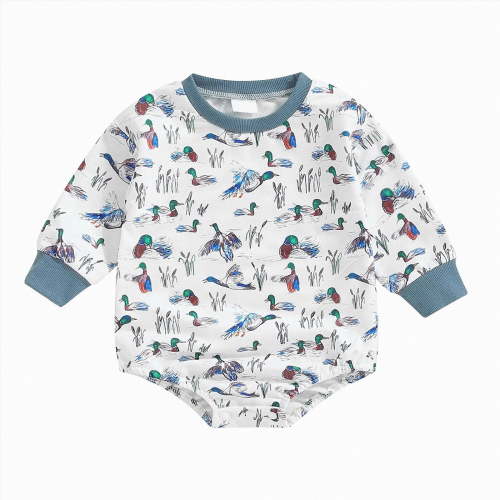 UngA Newborn Baby Boy Hunting Outfit 1st Birthday Mallard Duck Romper Oversized Long Sleeve Sweatshirt Playsuit Fall Winter Spring Clothes (White,0-3 Months)