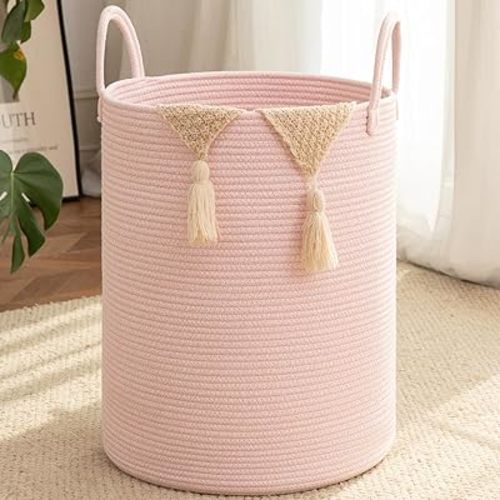 OIAHOMY Woven Laundry Basket, 60L Nursery Hamper for Living Room, Bathroom and Baby Nursery, Cotton Rope Laundry Hamper for Blankets, Toys and Dirty Clothes, Pink