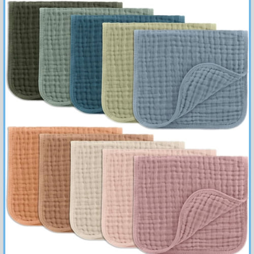 Comfy Cubs Muslin Burp Cloths 20" x 10", Pack of 10 - Large, 6-Layer, Ultra Absorbent 100% Cotton for Baby Drool and Messes - Soft, Safe & Gentle Baby Burp Cloths for Boys & Girls - Multi