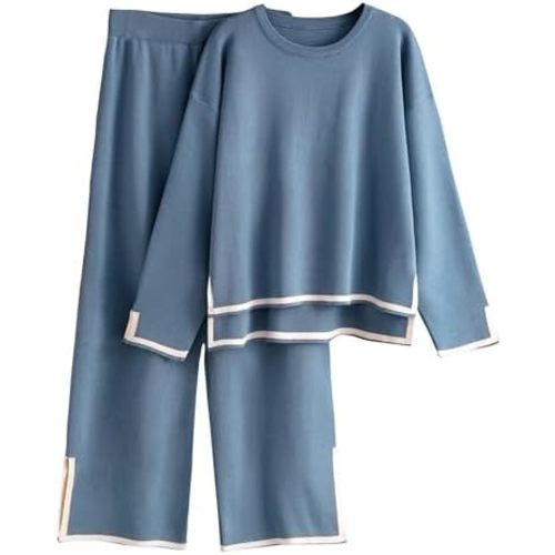 Tanming Women's 2 Piece Outfits Long Sleeve Knit Sweater Top Wide Leg Pants Lounge Sets Tracksuits