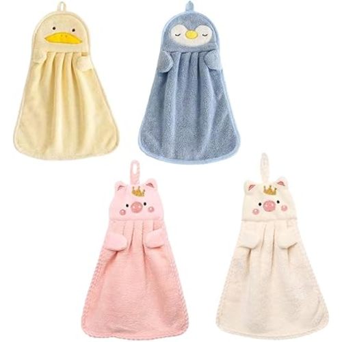 4Pcs Adorable Penguin Duck Pig Shaped Hand Towels Animal Shaped Soft Coral Velvet Kitchen Towels for Bathroom Kitchen Towels Accessories
