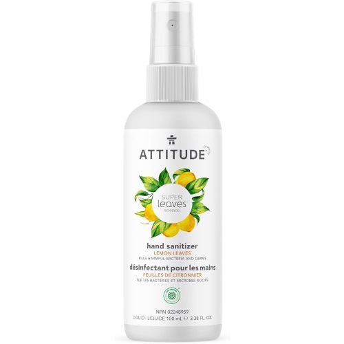 ATTITUDE Hand Sanitizer Spray for Adults and Kids, Made in Canada, EWG Verified, Kills Bacteria and Germs, Vegan, Lemon Leaves, 100 mL (Spray Bottle)