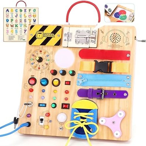 23-in-1 Montessori Busy Board with LED Lights Educational Wooden Activity Toy for Toddlers Ages 1-3, Travel Sensory Board with Switches Locks Music Box Fine Motor Skills Learning Toy for Boys Girls
