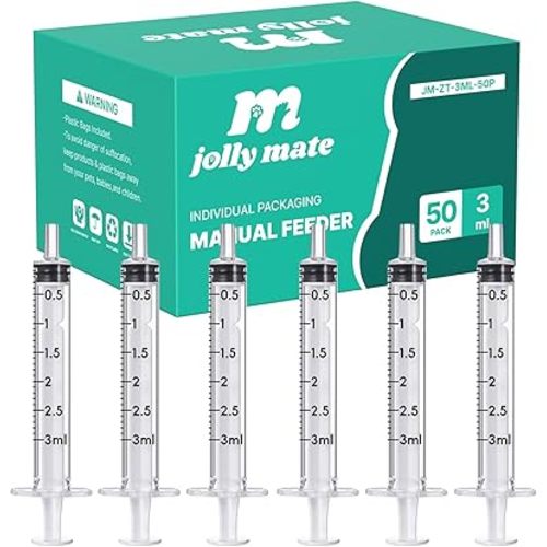 JollyMate 50 Pack 3ml Syringes for Liquid, 3cc Oral Syringes without Needle with Cap Individually Wrapped for Pet Feeding, Scientific Labs, Measuring Liquids, Oil & Glue Dispenser