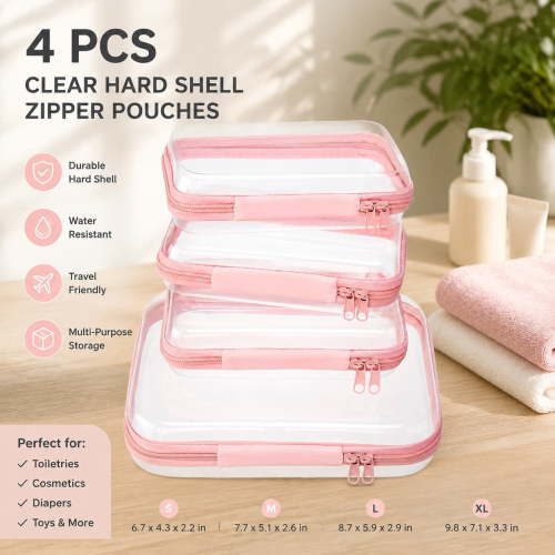 4 pcs Clear Zipper Pouches, Hard Shell Travel Case, Toiletry Bag, Diaper Organizer, Cosmetic Bag, Travel Storage Bags, Toy Storage Pouch, Light Pink