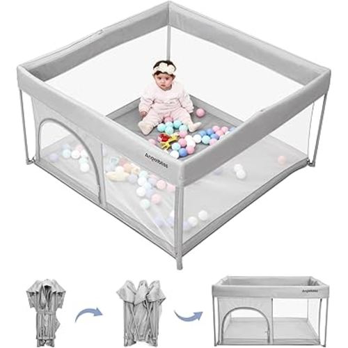 Foldable Baby Playpen 50"×50", Out-of-The-Box Ready Playpen for Babies and Toddlers, Portable Play Yard with Breathable Mesh & ASTM F406 Certified(Light Grey)