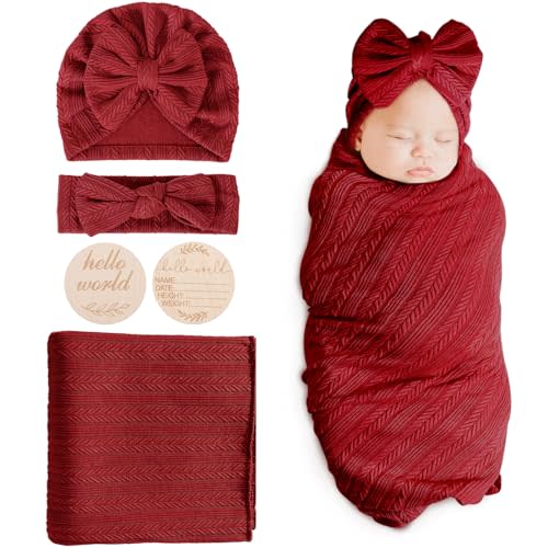 DRESHOW BQUBO Baby Swaddle Blankets for Girls, 4PCS Newborn Accessories Set with Matching Hat and Bow Headband with Hello World Wooden Birth Announcement Card