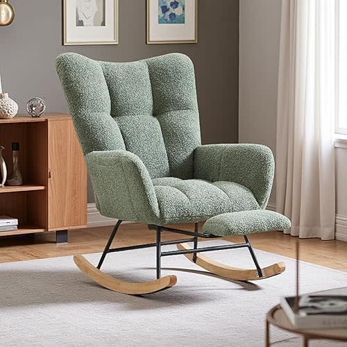 Teddy Fabric Rocking Chair, 35.4" Plush Glider with Anti-Slip Base - Sturdy Iron & Wood Frame, Comfort Rocker for Living Room, Bedroom, Nursery (Green Teddy Fabric)