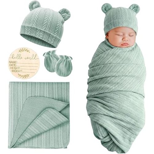 DRESHOW BQUBO Newborn Receiving Blankets for Baby Girl Boy Swaddle with Bear Hat No Scratch Mittens Announcement Card Set for 0-3 Months