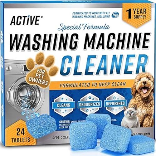 ACTIVE Washing Machine Cleaner for Pet Owners Enzymatic Deep Clean Descaler for Cat & Dog Hair, Urine, Odor, Residue, 24 Septic-Safe Tablets for Top Load, Front Loader, HE Washer Tub - 1 Year Supply