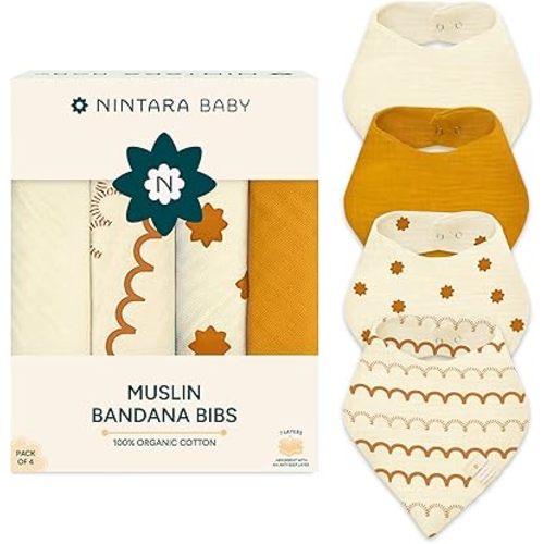 NINTARABABY Bandana Bibs - 100% Organic Premium Muslin Cotton, Absorbent, Soft, Adjustable Snap Buttons, Reversible, 7-Layers for Drooling, Teething, Feeding, Gifts for Babies Ages 0-3, Pack of 4