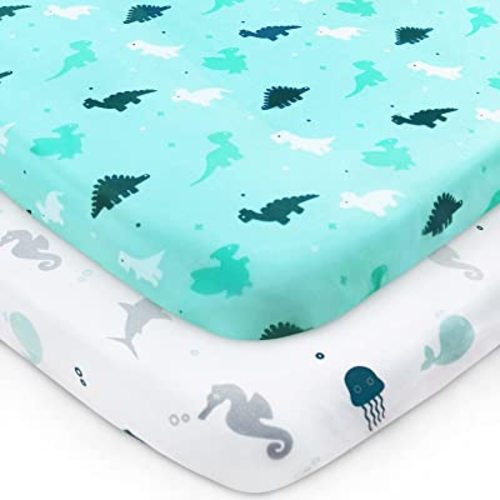 Pack and Play Sheets Fitted, Mini Crib Sheets 2 Pack, Playard Sheets Compatible with Graco Pack n Play, Ultra Soft Breathable Material, Dinosaurs