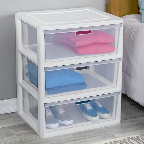 Plastic 3 Drawer Storage Drawer Cart with Clear Pull Out Drawers with 4 Wheels for Classroom Art Supplies Bathroom Dorm Bedroom Laundry Room (white)