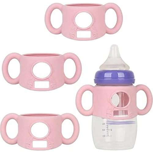 3 Pack Silicone Handles Compatible with Lansinoh Anti-Colic 5oz & 8oz PP Bottles, Soft Easy-Grip Handles Help Babies Hold Bottles Independently, BPA Free, Dishwasher Safe, Pink