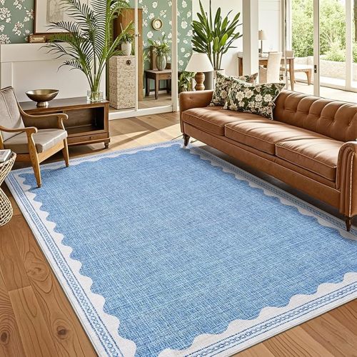 GarveeHome 5x7 Rug for Living Room, Scalloped 5 X 7 Area Rugs Washable Non-Slip Solid Blue Modern Minimalism Low-Pile Carpet for Bedroom Dining Nursery Mat with Rubber Back