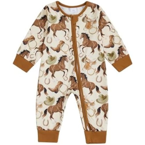 BULINGNA Baby Boy Girl Western Clothes Horse Print Long Sleeve Zipped Romper Jumpsuit One Piece Newborn Fall Winter Outfit