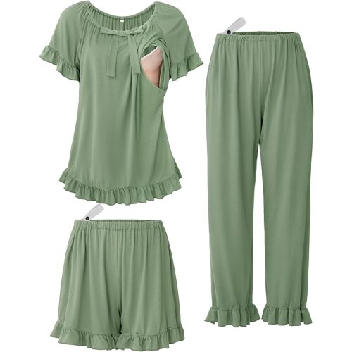 SUNNYBUY 3Pcs Ruffle Trim Postpartum Nursing Pajamas Set with Bowknot, Maternity Breastfeeding PJS Pregnancy Sleepwear