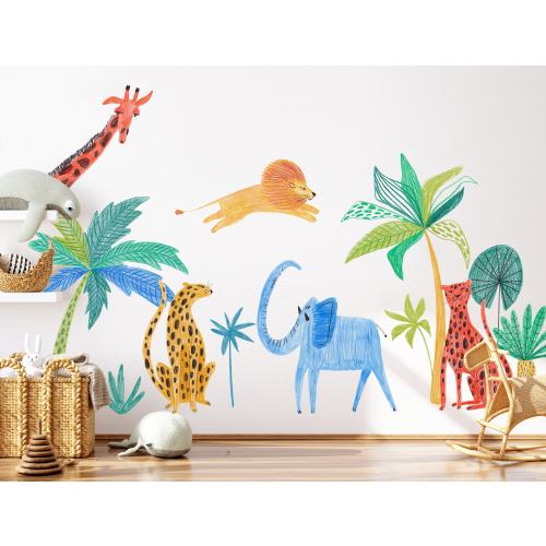 Safari Animals Decal , Palm Tree Wall Sticker , Jungle Nursery, Lion Giraffe Elephant Kids Room Decor